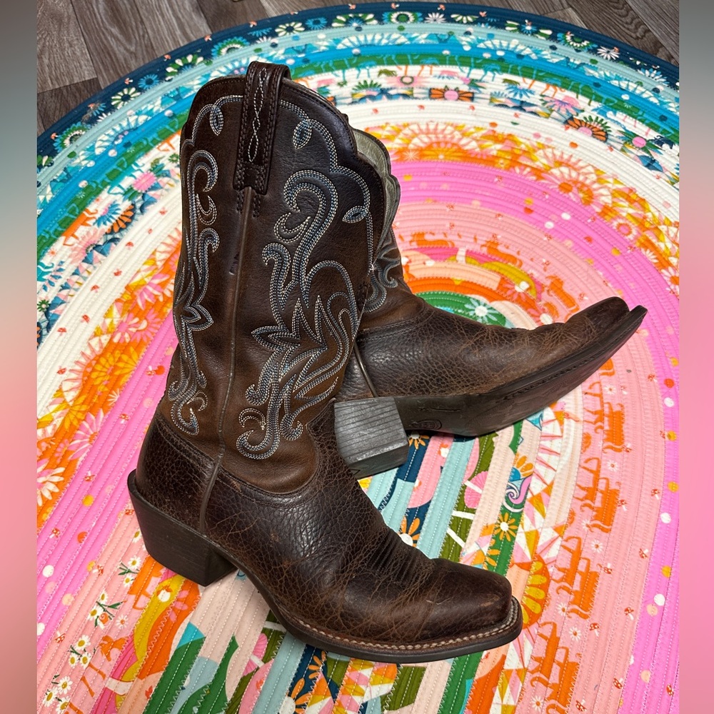 Dark Brown Western Boots with Silver & Blue Stitching